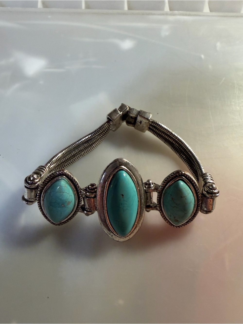 Turquoise Stone Silver-Tone Bracelet - Teardrop Triple Stone